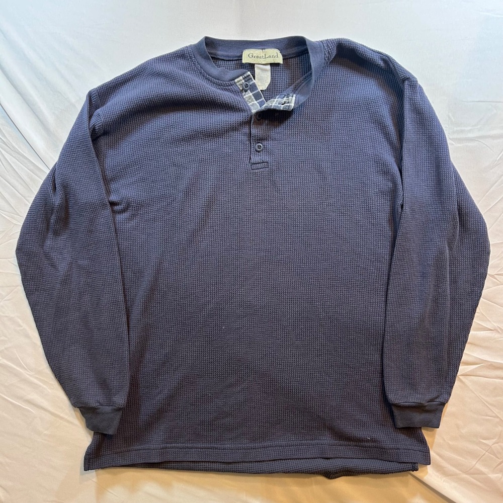 GreatLand Mens Navy Blue Waffle Knit Henley Shirt Plaid Trim Long Sleeve Medium